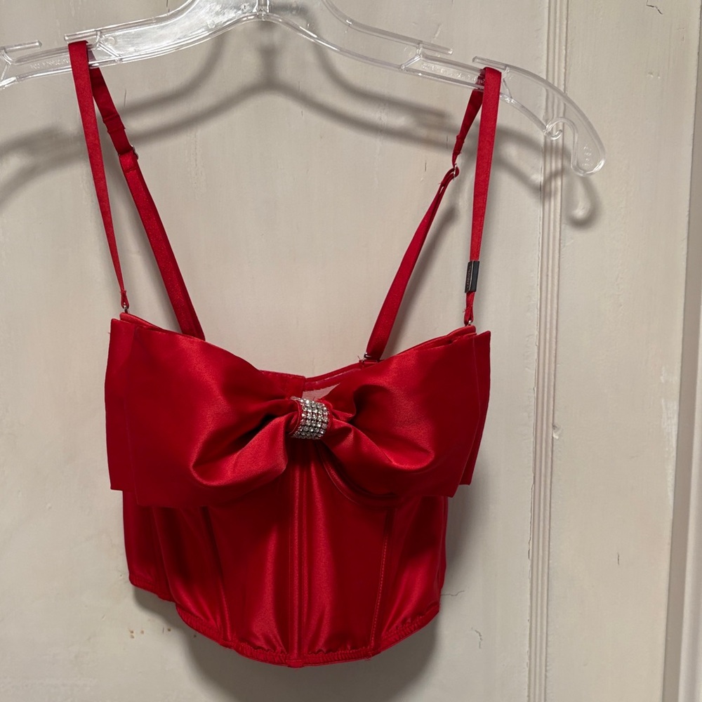 Victoria Secrets Red Satin Bow Crop Top with Rhinestone Accent Corset 32D BN